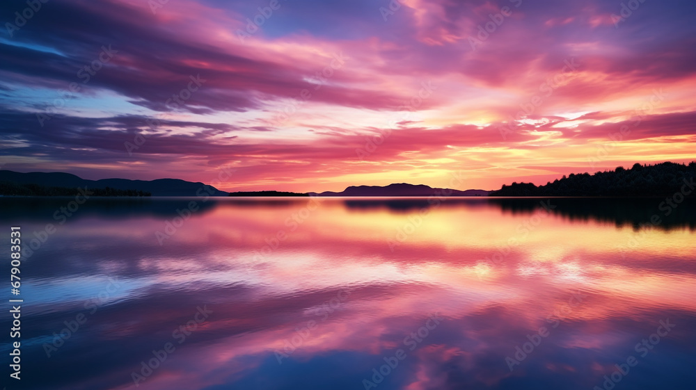 sunset over a serene lake, with colorful reflections shimmering on the water