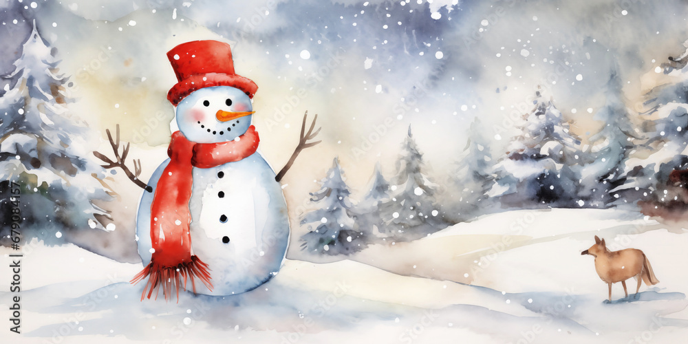 Fototapeta premium Christmas watercolor background. Christmas card. Adorable winter snowman postcard