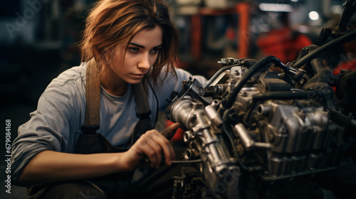 Young female mechanic working on the repair of a car