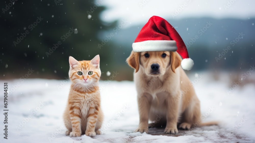 dog and cat in the snow at christmas dog and cat in the snow at christmas