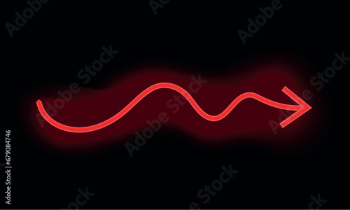 Red neon arrow in cartoon style. This element of set includes a striking red neon arrow against a dark black background, ideal for adding a directional element to your designs. Vector illustration.