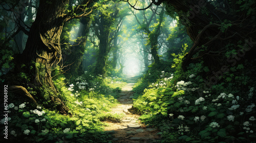 Illustration of overgrown mystical forest path background.  © Chrixxi