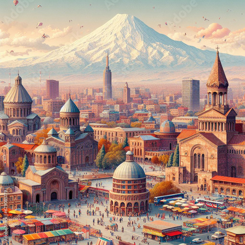 A beautiful ancient city with churches. Yerevan, Armenia with Mount Ararat in the background
