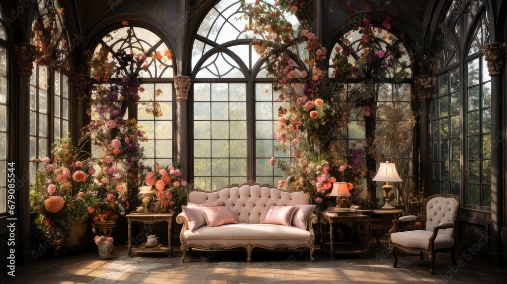 Victorian-style conservatory with ornate sofa and lush floral arrangements by expansive arched windows.