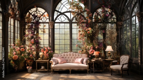 Victorian-style conservatory with ornate sofa and lush floral arrangements by expansive arched windows.