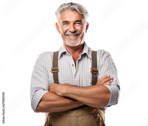 a portrait of arms crossed rancher or farmer showing pride in his profession or job isolated on a transparent background, professional agriculturalist or peasant with a uniform photo or image PNG photo