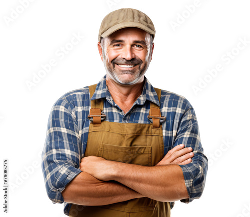 a portrait of arms crossed farmer or rancher showing pride in his profession or job isolated on a transparent background, professional agriculturalist or peasant with a uniform photo or image PNG photo