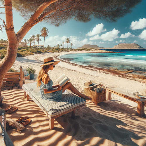 Beautiful girl by the sea. A tourist is relaxing on the beach. Woman in a hat and a book in her hands