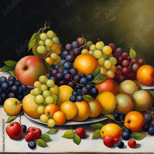 Fruits on the table. Various fruits apple  pear  watermelon  grapes  banana  apricot  orange  strawberry