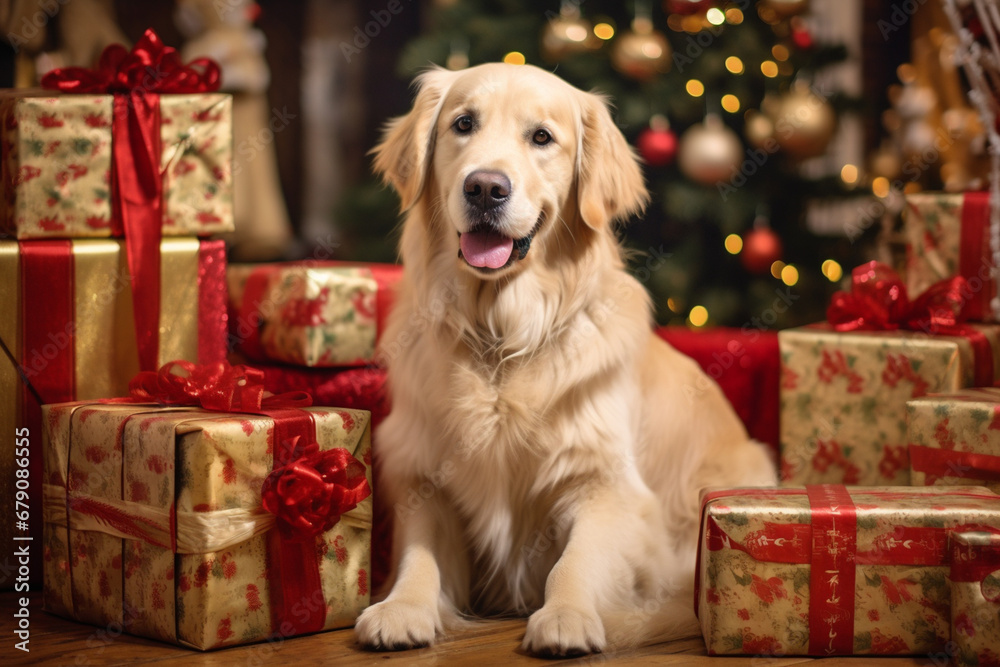 Santa's Furry Helper: Golden Retriever with Presents
