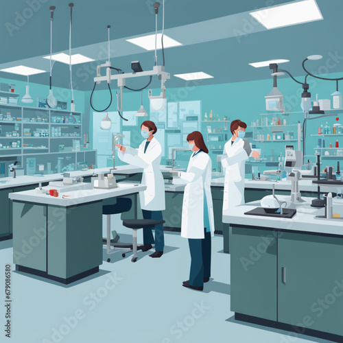 Medical laboratory. Flasks and equipment in the laboratory. Laboratory workers, man and woman