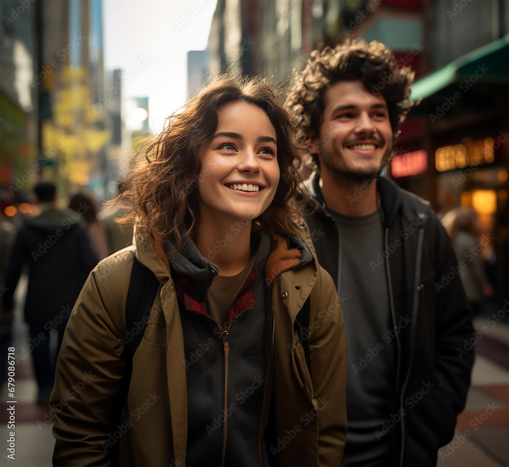 joyful millennials commuting in an urban setting