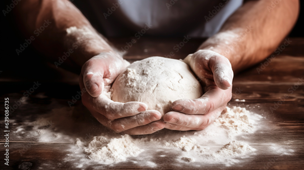 Baker hands kneading dough on wooden table, close-up.
