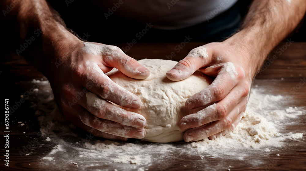 Baker hands kneading dough on wooden table, close-up.
