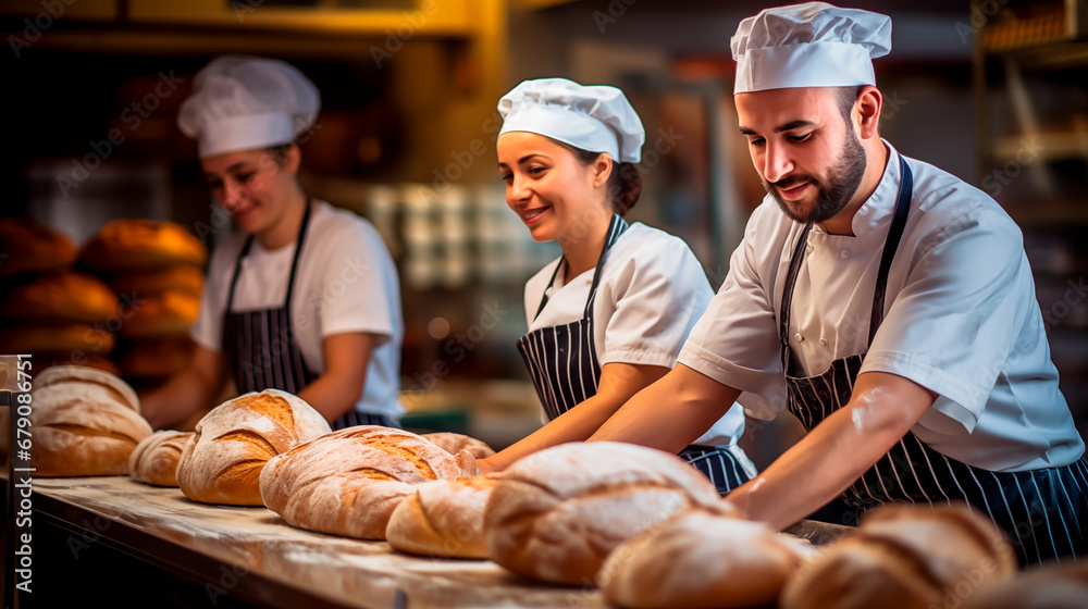 Bakery team arranging fresh bread loaves on display.
 - obrazy, fototapety, plakaty 