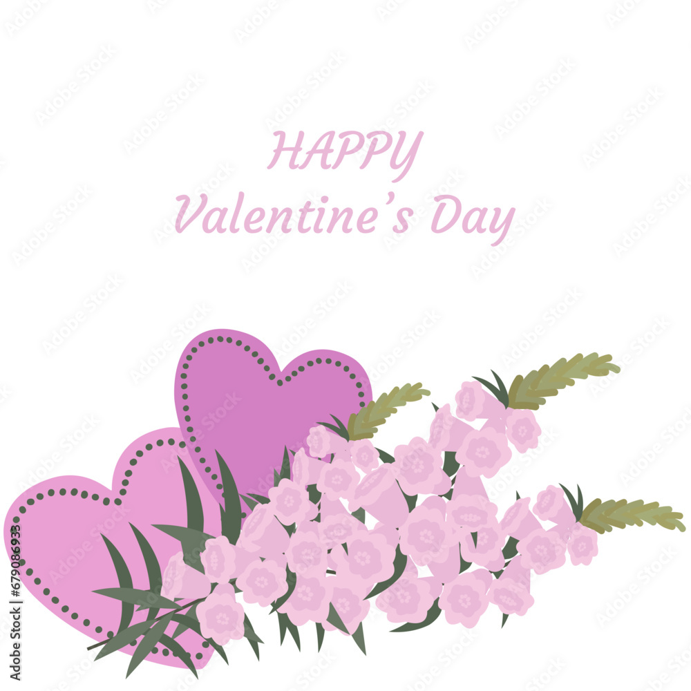 Valentine's greeting card. Pink long bell flowers with green leaves. Pink hearts and pink text Happy Valentine's Day white background. Holiday vector cartoon flat illustration. Banner social network