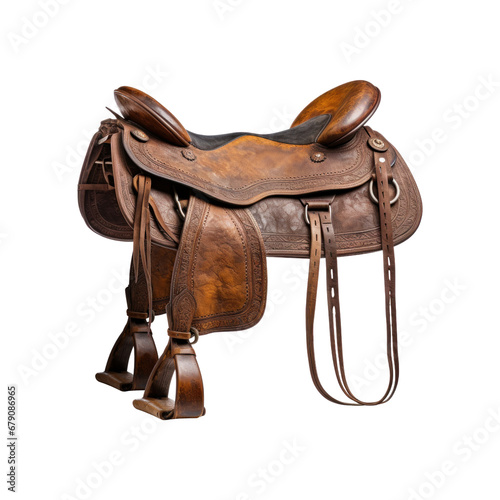 Leather Horse Saddle. Isolated on transparent background.