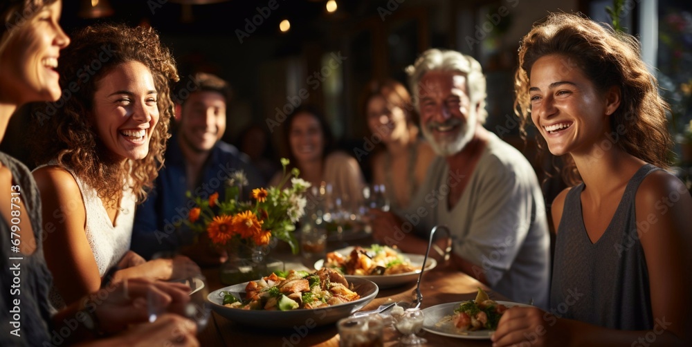 Happy family gathering together and having good times with jokes and laugh during lunch time.Macro.AI Generative Happy family gathering together and having good times with jokes and laugh during lunch time.Macro.AI Generative