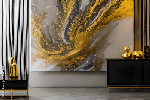 luxury fluid pour art varied and balanced abstract subject matter featuring the colours chinese white neutural tint lamp black and glitter gold photo