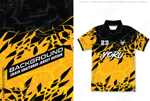 sublimation jersey design vector background crack shattered pattern, yellow black with map texture illustration, hiking cycling rock climbing camping,