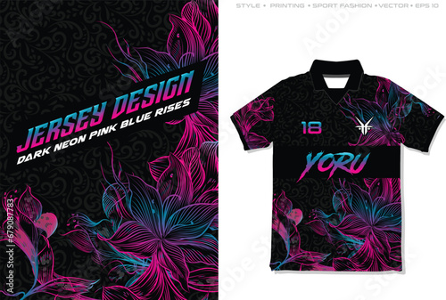 Jersey Design Floral neon pattern sublimation, pink purple black colour combination, vector illustration pattern abstract gradient element