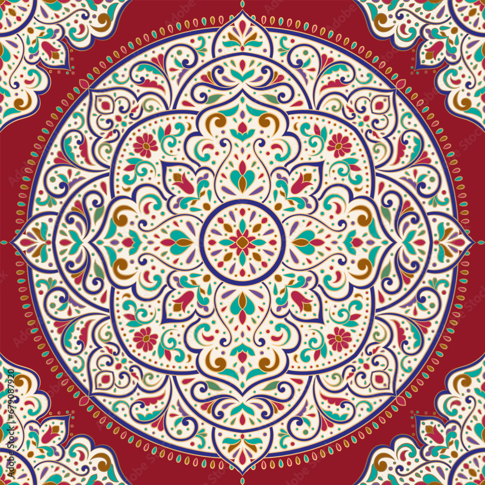 Gold and red seamless pattern with mandala ornament. Traditional Arabic, Indian motifs. Great for fabric and textile, wallpaper, packaging or any desired idea.