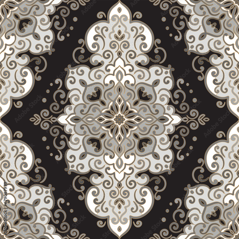 Black, gold and white luxury vector seamless pattern. Ornament, Traditional, Ethnic, Arabic, Turkish, Indian motifs. Great for fabric and textile, wallpaper, packaging design or any desired idea.