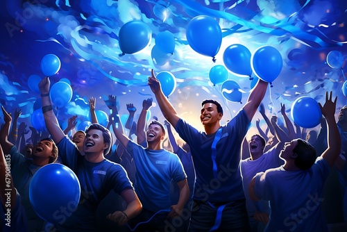 group of men dancing in nightclub.crowd of men in blue dancing at concert, with ballons in the background. Celebrating men in the society