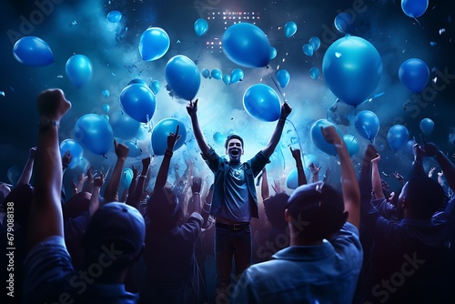 crowd of men in blue  dancing at concert  with ballons in the background. Celebrating men in the society