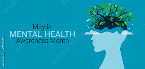 World Mental Health day, concept design with abstract human head profile, flowers and birds. Vector Illustration