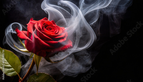 Red rose wrapped in smoke swirl on black background and copy space on a side
