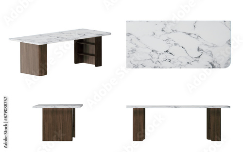 working table with wood leg and top marble  ,isometric, top view, font view, side view, isolated,perspective, rendering ,png