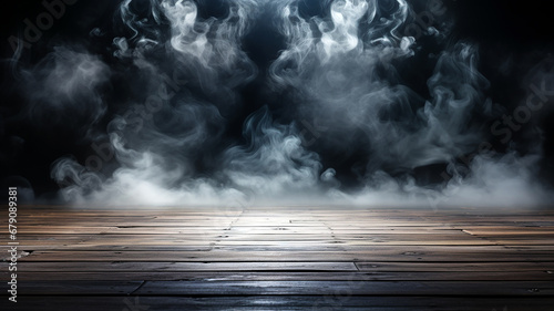 Wooden floor for display products. Empty wooden floor with darkness light and smoke background. Generative AI photo