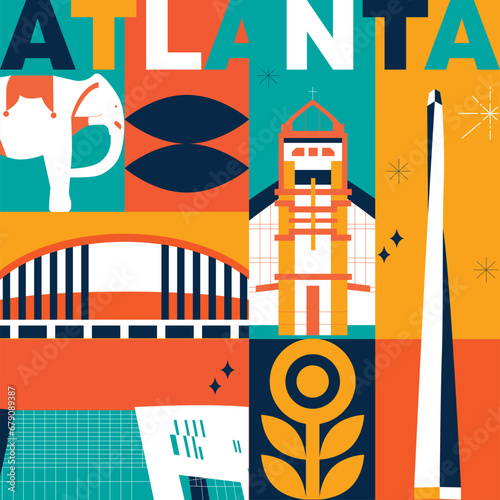 Typography word Atlanta branding technology concept. Collection of flat vector web icons. American culture travel set, architectures, specialties detailed silhouette. Doodle famous landmarks.
