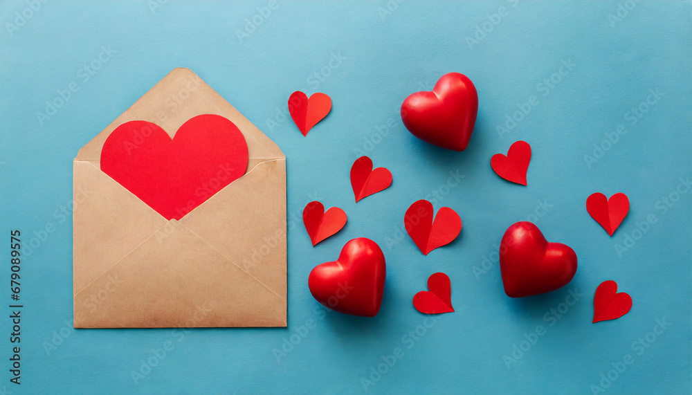 Valentine day greeting concept. Envelope and red hearts on blue background top view