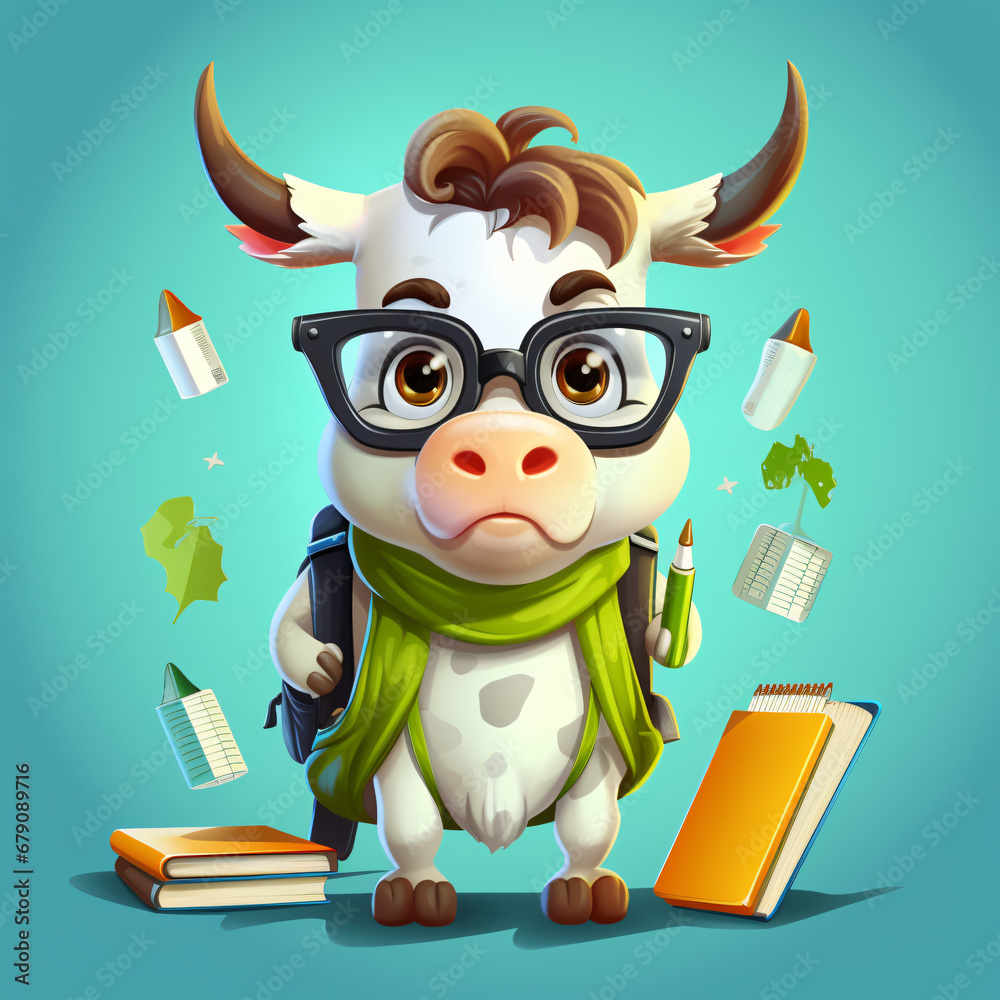 Cute cow animal student character with school supplies