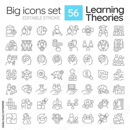 2D editable black big thin line icons set representing learning theories, isolated simple vector, linear illustration.