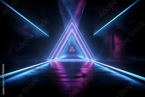 Sci Fi Futuristic Asphalt Cement Road Double Lined Concrete Walls Underground Dark Night Car Show Neon Laser Triangles Glowing Purple Blue Arc Virtual Stage Showroom 3d Rendering.