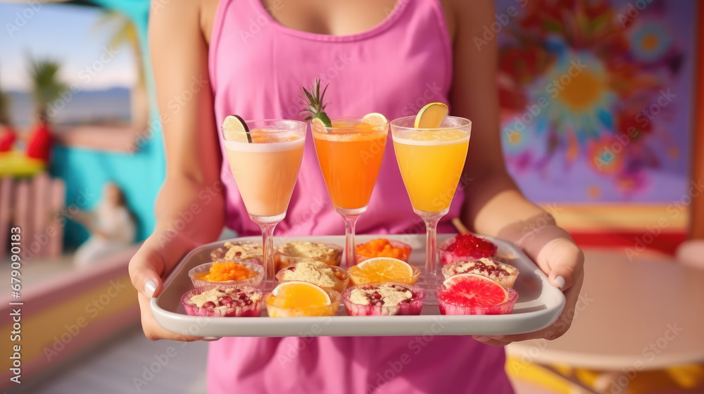Female waitress in a cafe carries a tray with a varied assortment of alcoholic refreshing fruit cocktails in glasses. Summer refreshing. 