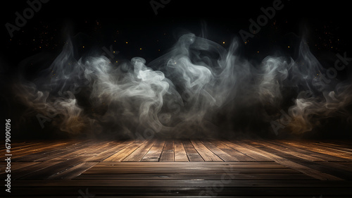 Wooden floor for display products. Empty wooden floor with darkness light and smoke background. Generative AI photo