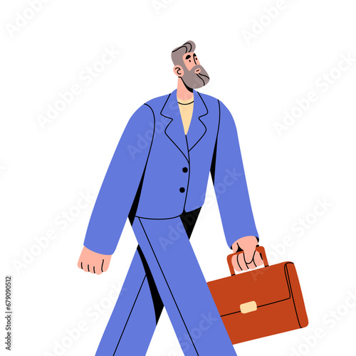 Elderly businessman with briefcase walking. Leader, business man carrying portfolio in hand. Senior employee, worker in office suit strolling. Flat isolated vector illustration on white background