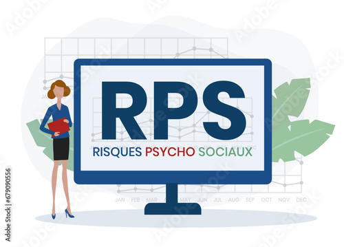 RPS, Risques Psycho Sociaux. Concept with keyword and icons. Flat vector illustration. Isolated on white