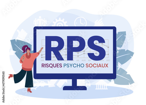 RPS, Risques Psycho Sociaux. Concept with keyword and icons. Flat vector illustration. Isolated on white