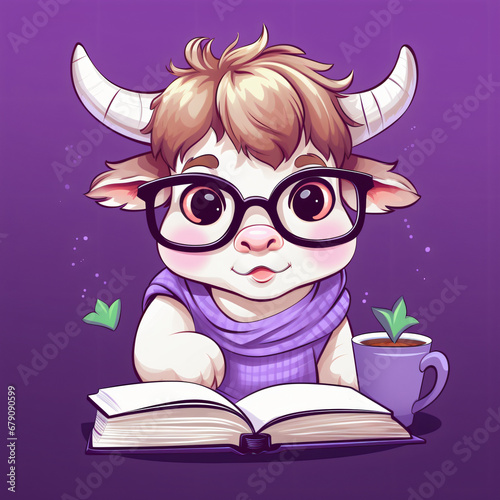 Cute cow cartoon student animal think and study Engle