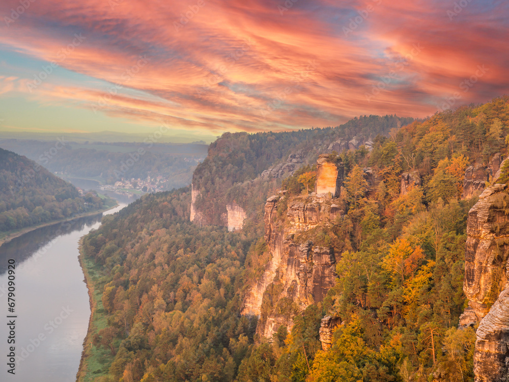 View of the Elbe Sandstone Mountains with the Elbe in Saxon Switzerland