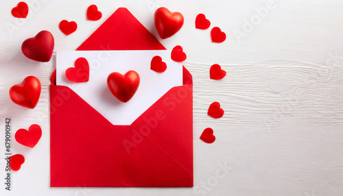 Valentine day greeting concept. Envelope and red hearts on white background top view