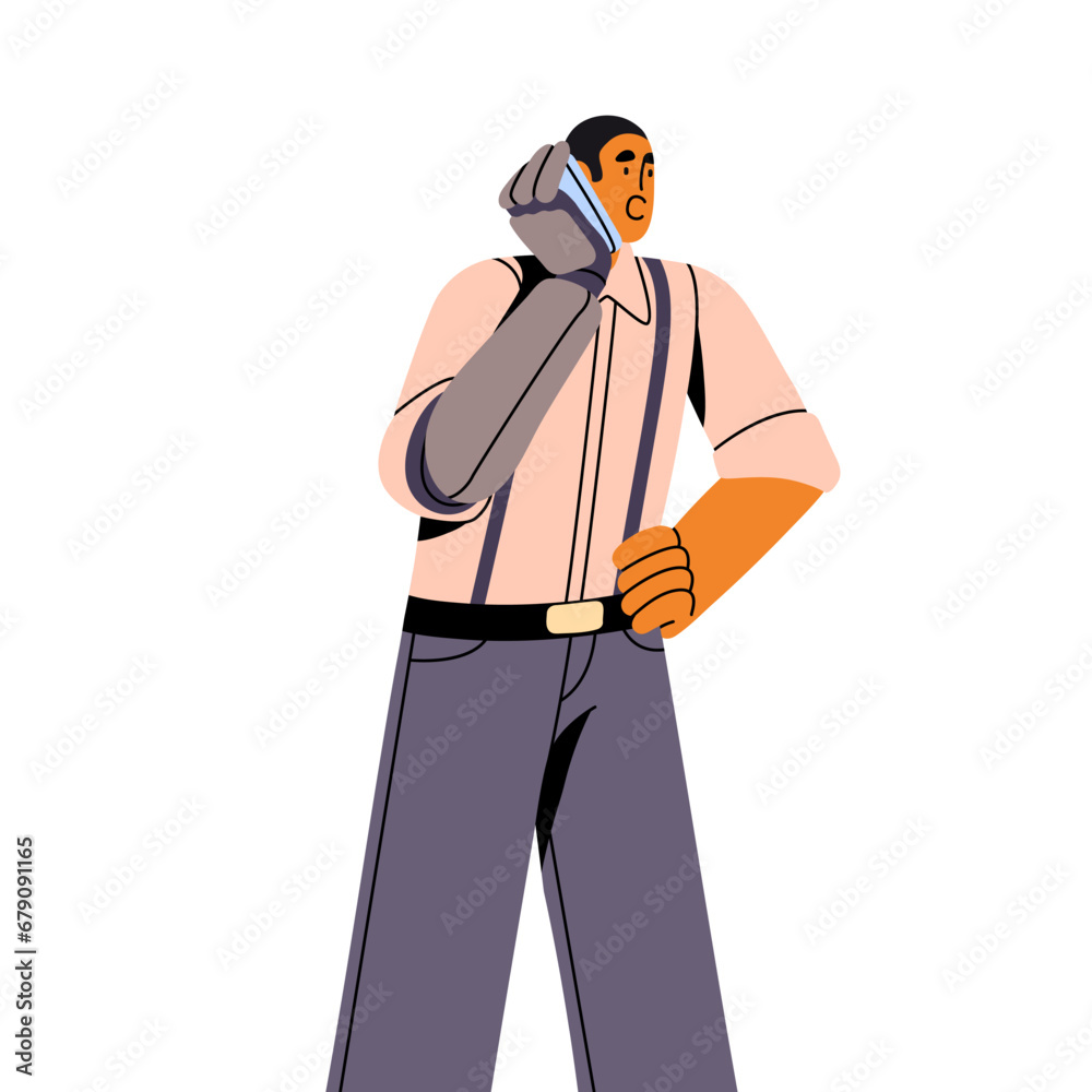 Disabled man use robotic, bionic hand. Business worker communicate by smartphone. Modern technology. Businessman wearing trousers with suspenders. Flat isolated vector illustration on white background