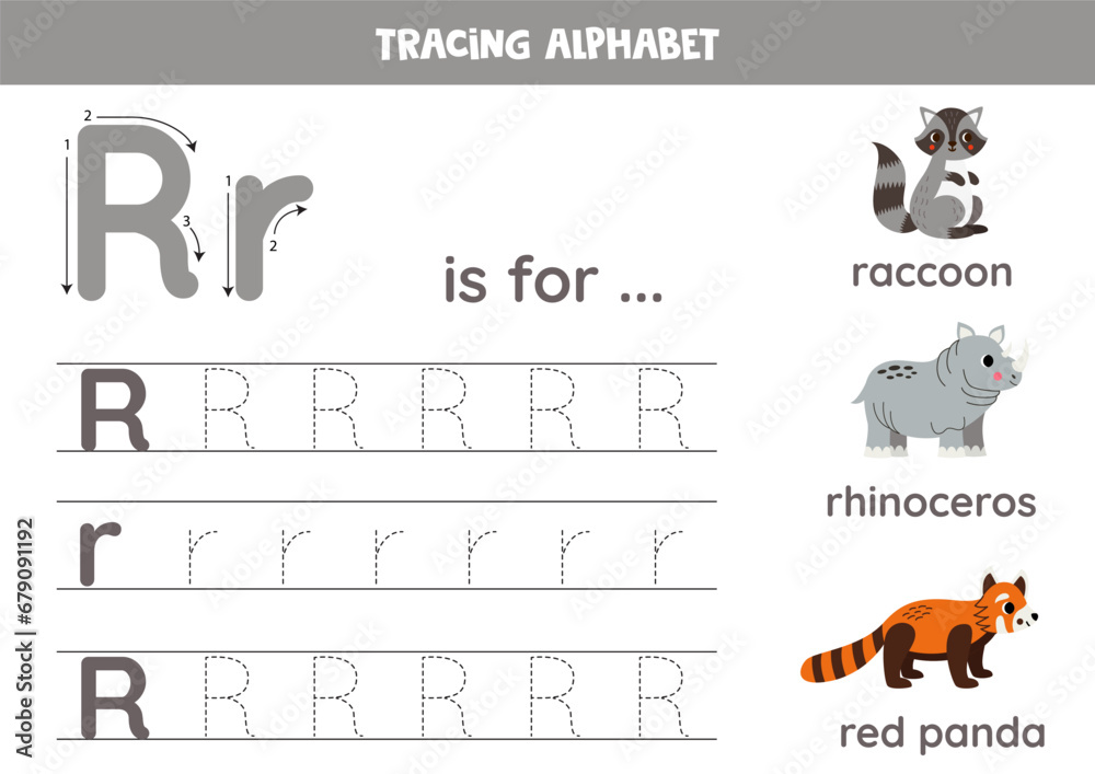 Tracing all letters of English alphabet. Preschool activity for kids. Writing uppercase and lowercase letter R.  Cute illustration of raccoon, red panda, rhinoceros.  Printable worksheet.