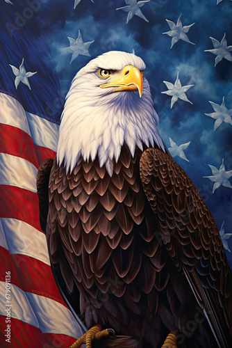 American Bald Eagle on American flag background.