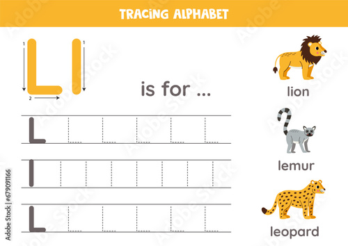 Tracing all letters of English alphabet. Preschool activity for kids. Writing uppercase and lowercase letter L. Printable worksheet. Cute illustration of lion, leopard, lemur.